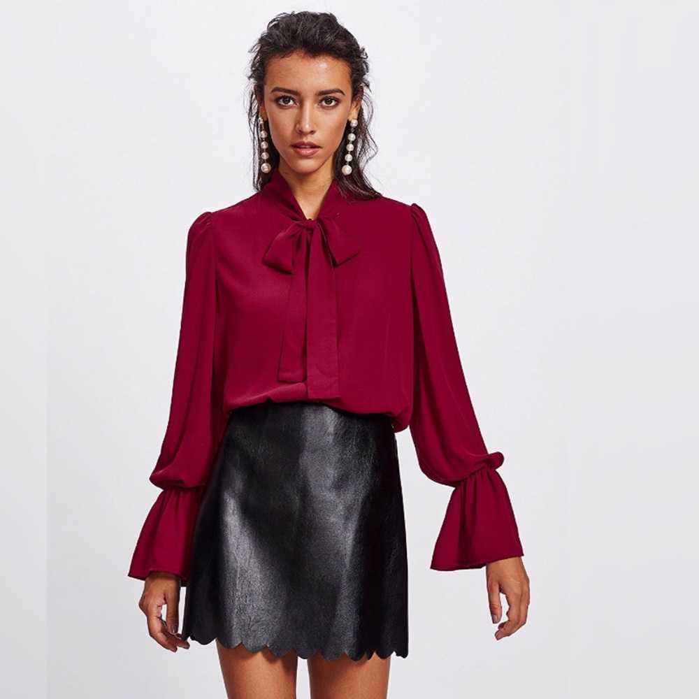 Bell Sleeve Pussy Bow Chiffon Button Front Blouse - Picture 3 of 5